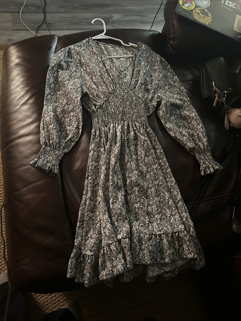 Smocked Waist Floral Midi Dress in Gray